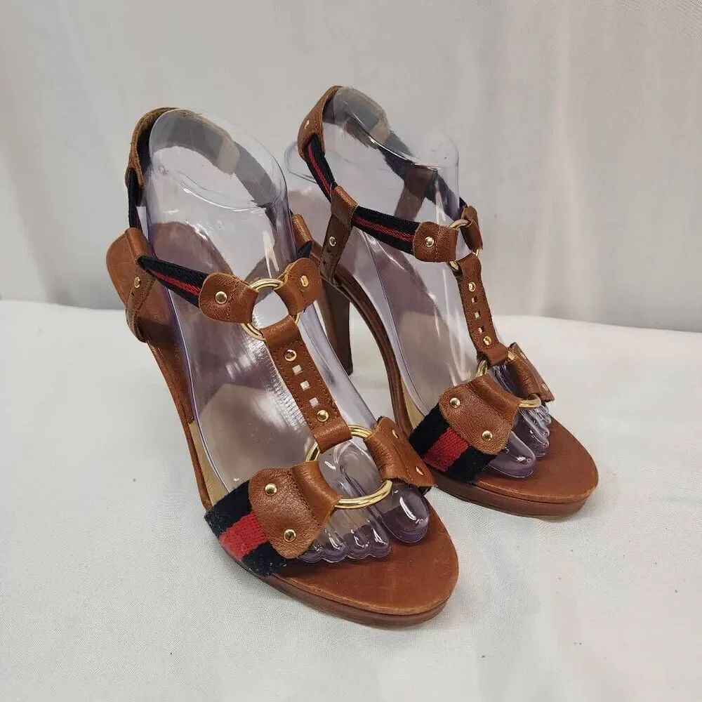 Michael Kors Size 9 Seaport T-Strap Luggage Leather High 4.5" Heels
